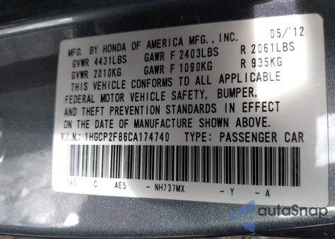 2012 Honda Accord 2.4 Ex-L z USA, uszkodzony, nr VIN 1HGCP2F86CA174740